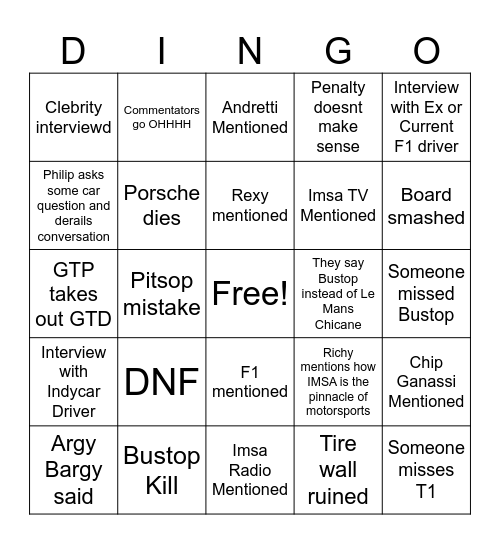 Daytona 24 Bingo Card