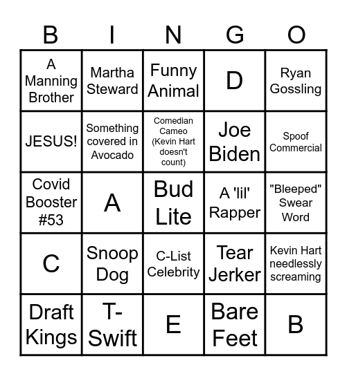 2024 Super Bowl Commercial BINGO! Bingo Card