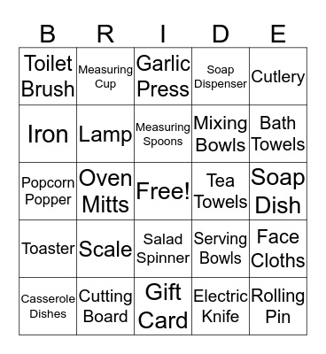 Kelly's Bridal Shower Bingo Card