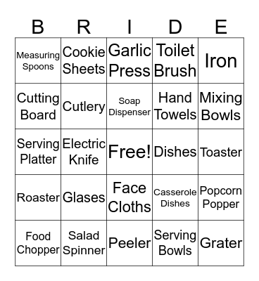 Kelly's Bridal Shower Bingo Card