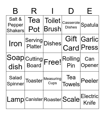 Kelly's Bridal Shower Bingo Card