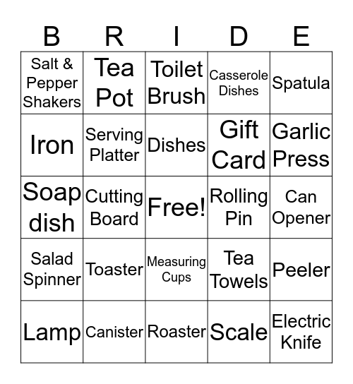 Kelly's Bridal Shower Bingo Card