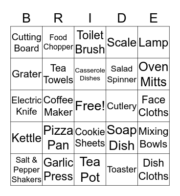 Kelly's Bridal Shower Bingo Card