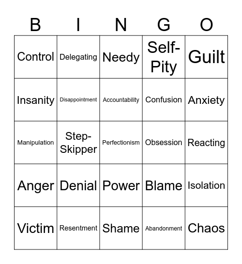 Dysfunctional Bingo Card