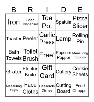 Kelly's Bridal Shower Bingo Card