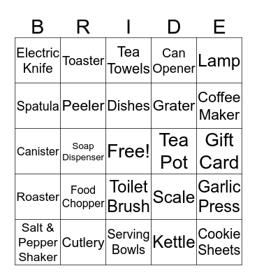 Kelly's Bridal Shower Bingo Card