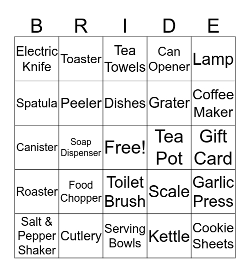 Kelly's Bridal Shower Bingo Card