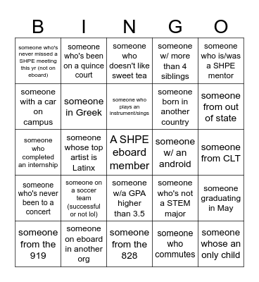 SHPE Get to Know You Bingo Card