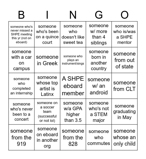 SHPE Get to Know You Bingo Card