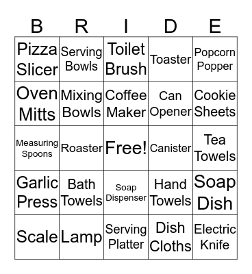 Kelly's Bridal Shower Bingo Card