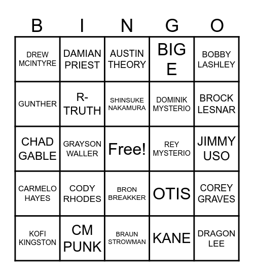 Mens Royal Rumble Bingo Card