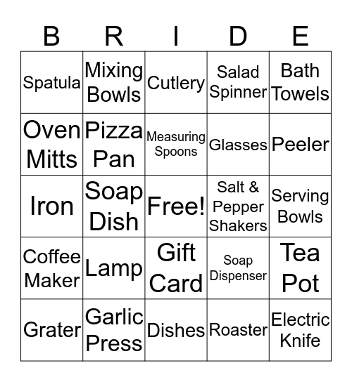 Kelly's Bridal Shower Bingo Card