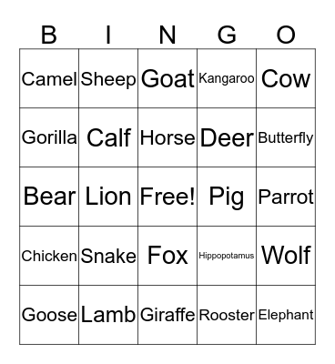 Animals Bingo Card