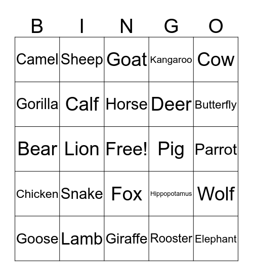 Animals Bingo Card