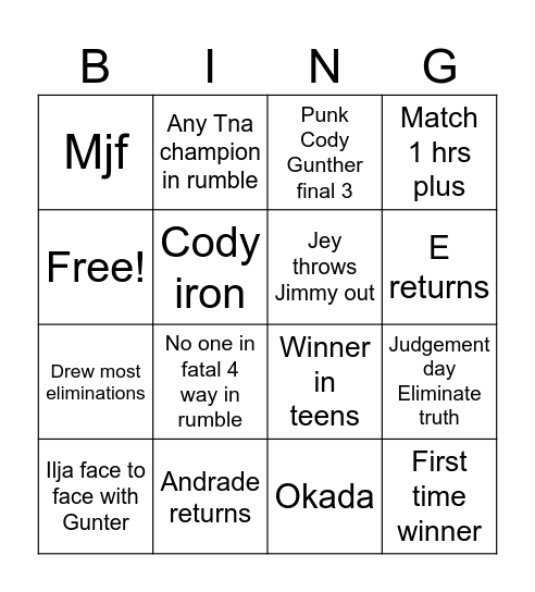 Mens Rumble Bingo Card