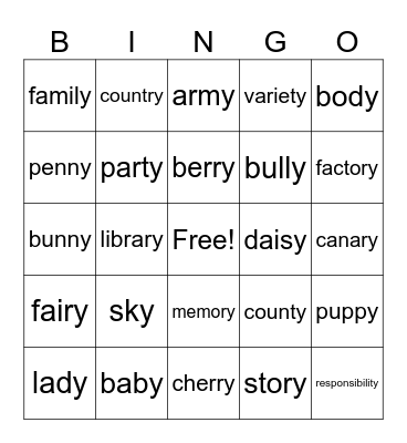 Changing y to an i before adding -es Bingo Card