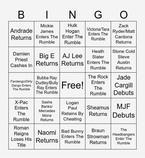 2024 WWE Royal Rumble Bingo Card