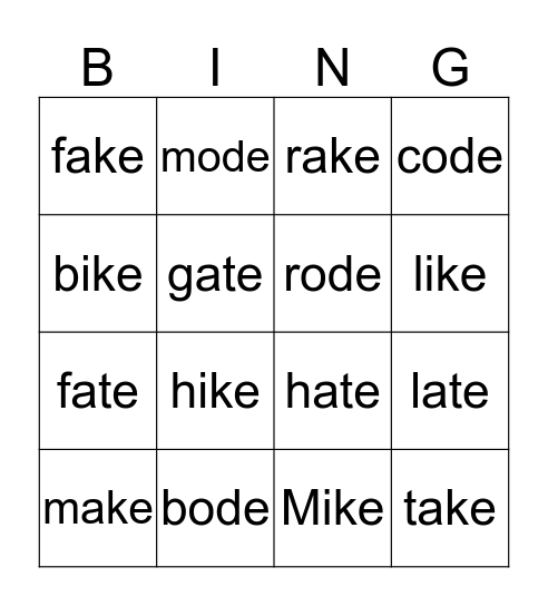 Magic E Bingo Card
