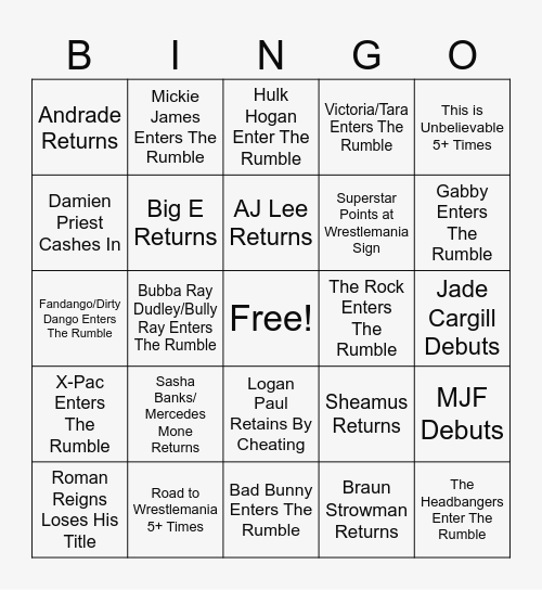 2024 WWE Royal Rumble Bingo Card