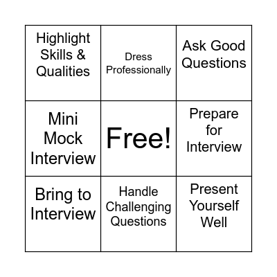 Interview Bingo Q&A Bingo Card