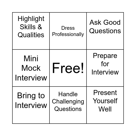 Interview Bingo Q&A Bingo Card