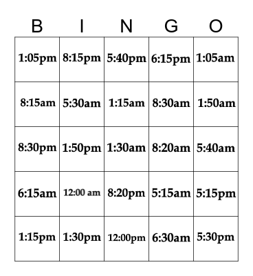 Telling Time Bingo Card