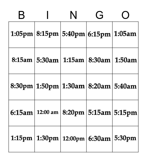 Telling Time Bingo Card