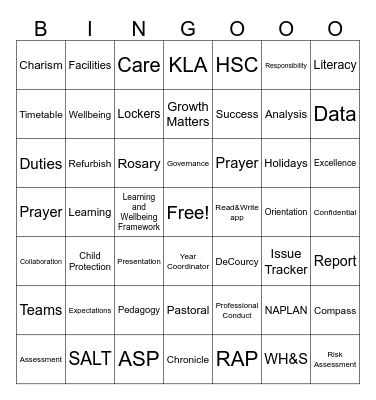 Beginning of the Year Bingo Card