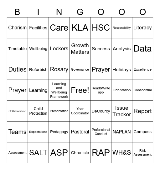 Beginning of the Year Bingo Card