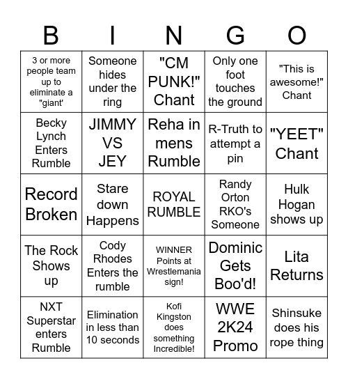 Royal Rumble 2024 Bingo Card