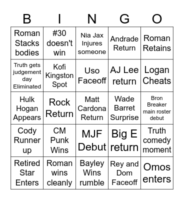 WWE 2024 Mens Royal Rumble Bingo Card