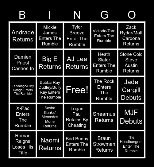 2024 WWE Royal Rumble Bingo Card