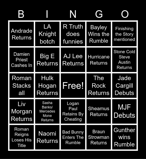 2024 WWE Royal Rumble Bingo Card