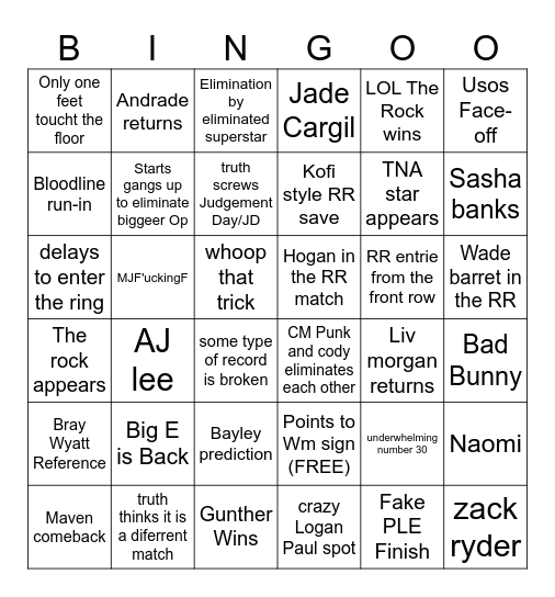 Royal Rumble 24 Bingo Card