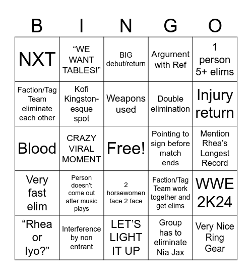 Women’s Royal Rumble Bingo Card