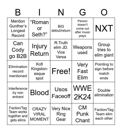 Men’s Royal Rumble Bingo Card