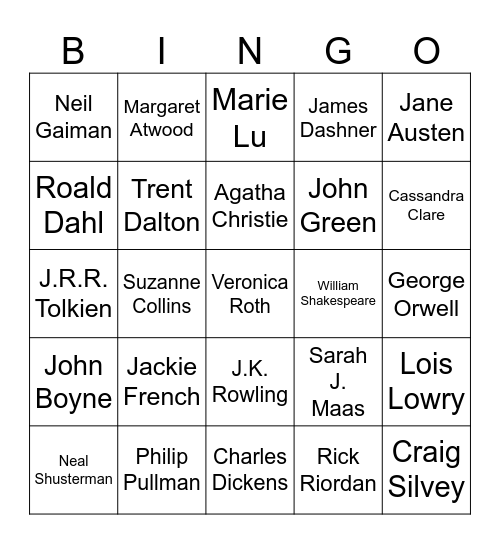 Popular Authors Bingo Card