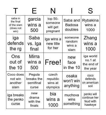 WTA 2024 Bingo Card