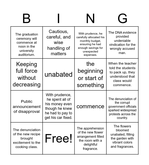 Frederick Douglass Vocabulary Bingo Card