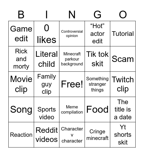 YouTube shorts Bingo Card