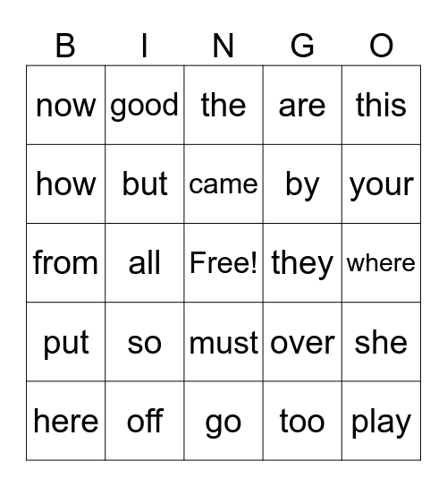 HF Words Bingo Card
