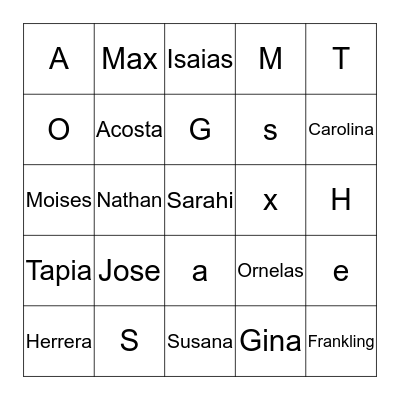 Letters in my name (Yellow group) Bingo Card