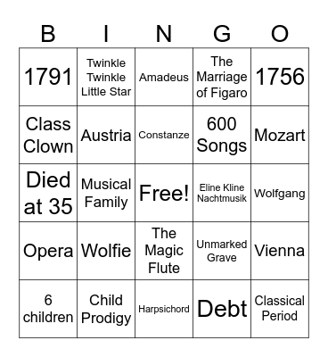 Wolfgang Amadeus Mozart Bingo Card
