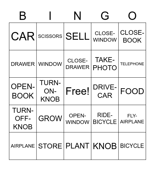 ASL Noun-Verb Pairs Bingo Card
