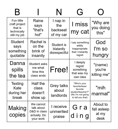 Fake Teaching Job Bingo Card