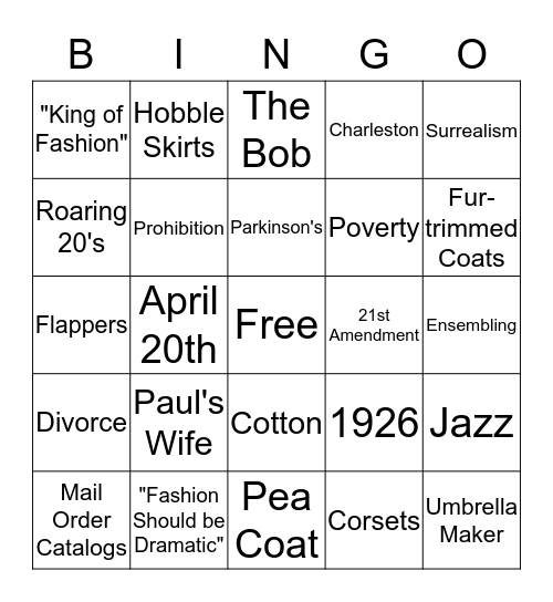 1920's Bingo Card