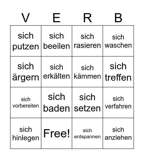 Reflexive Verben Bingo Card