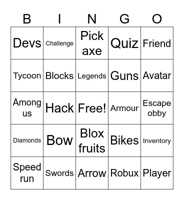 Roblox Bingo Card