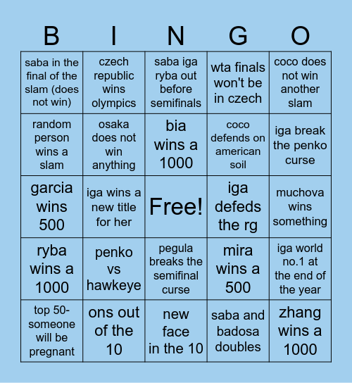 WTA 2024 Bingo Card