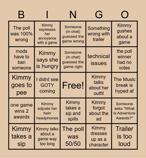 The Adventure Awards Bingo sheet Bingo Card